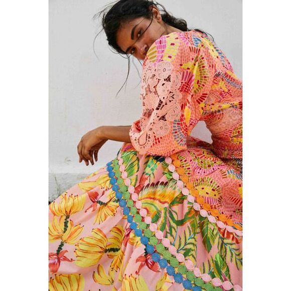 Anthropologie Farm Rio Mixed Pink Prints Maxi Skirt Tiered Crochet S NEW - Picture 3 of 4